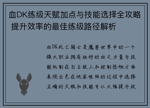 血DK练级天赋加点与技能选择全攻略 提升效率的最佳练级路径解析